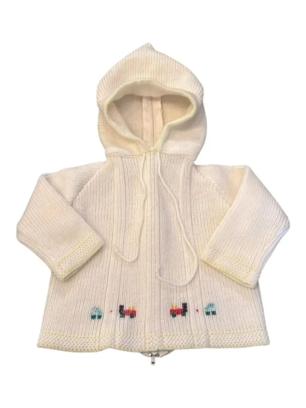 JULIUS BERGER Vintage Ivory Hooded Back Zip Cardigan Baby Sweater Car Train Embr